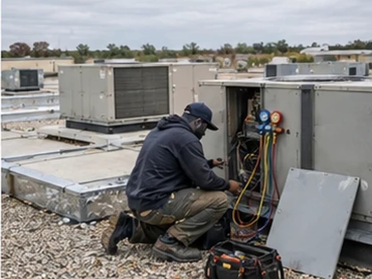 A technician kneeling at an opened packaged rooftop HVAC unit with manifold gauges connected, on the flat roof of a commercial building