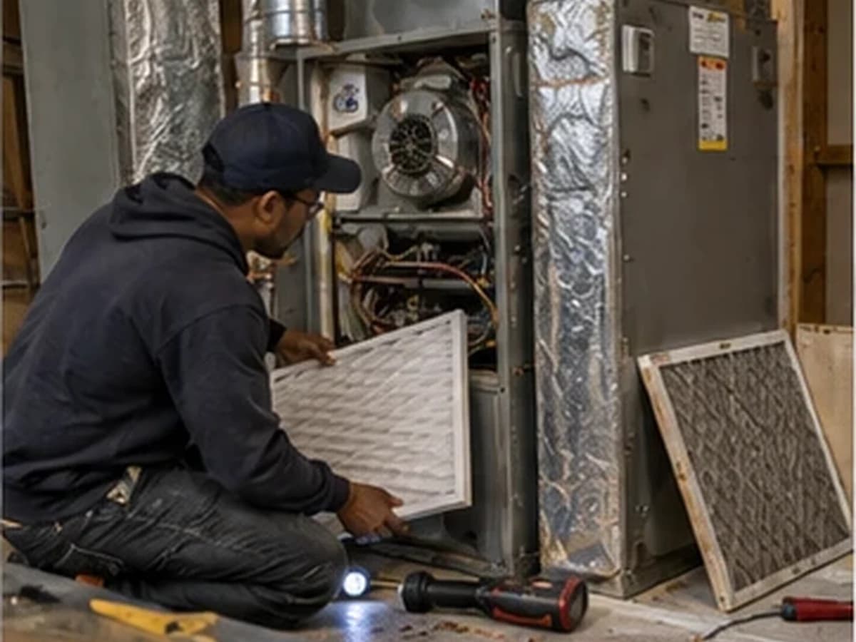 A technician servicing a gas furnace with the front panel off, holding a clean pleated filter beside the old one
