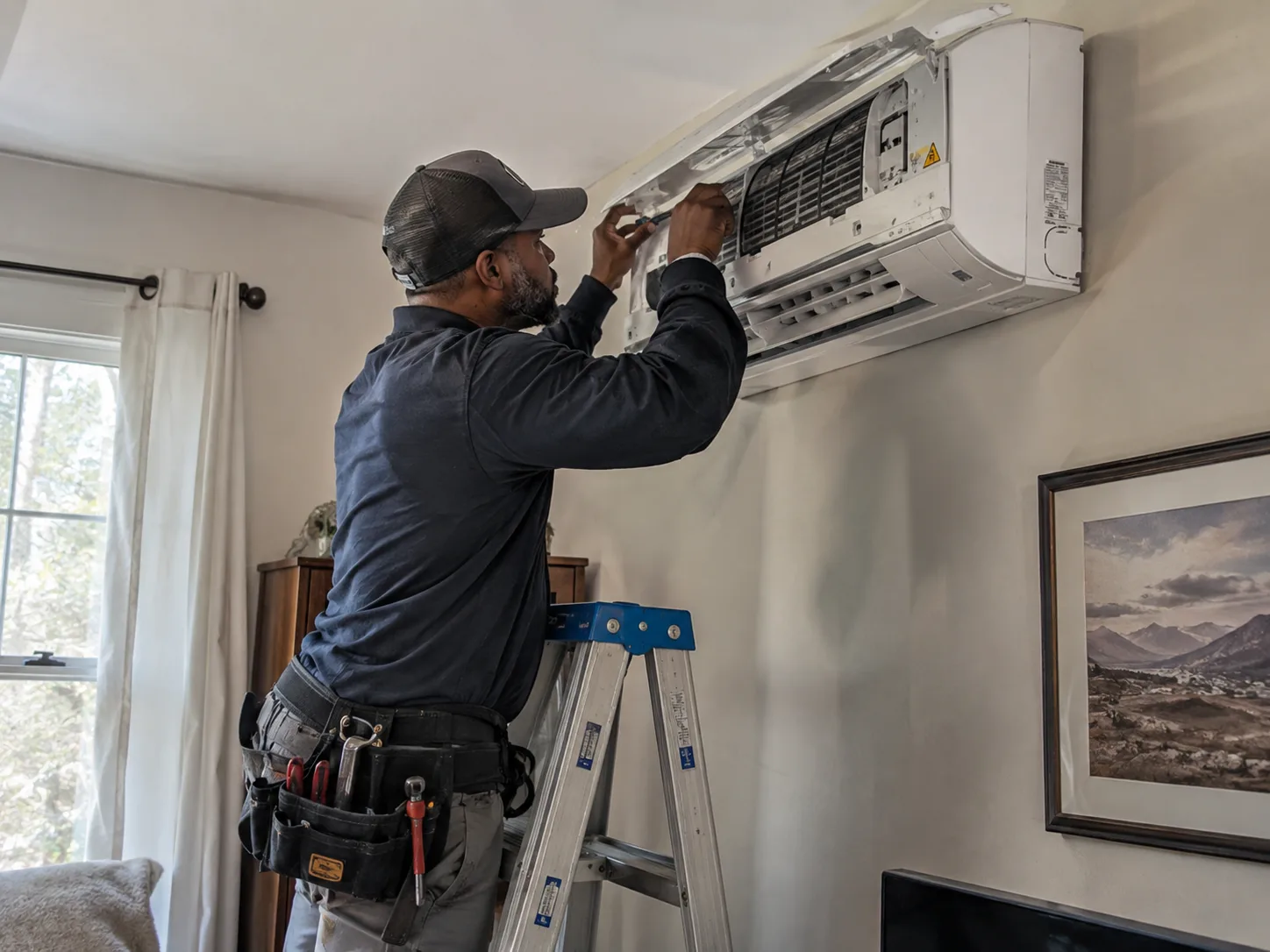 An All Purpose HVAC technician on a step ladder servicing a wall-mounted ductless mini-split head in a living room